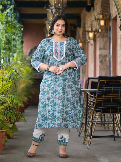Women Plus Size Green Pure Cotton Kurta Set With Dupatta